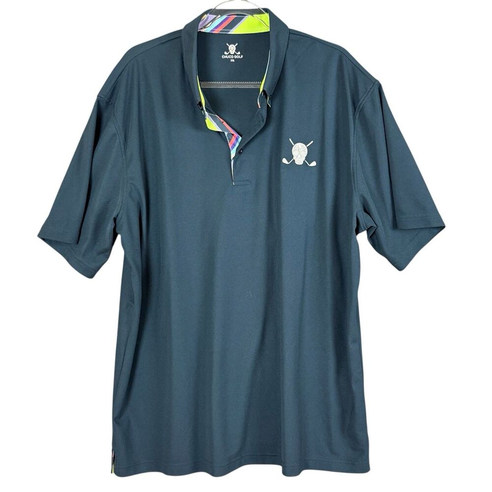 Chuco Golf Polo Shirt Skull Crossed Clubs Logo Mens Size 2XL Navy Short Sleeve
